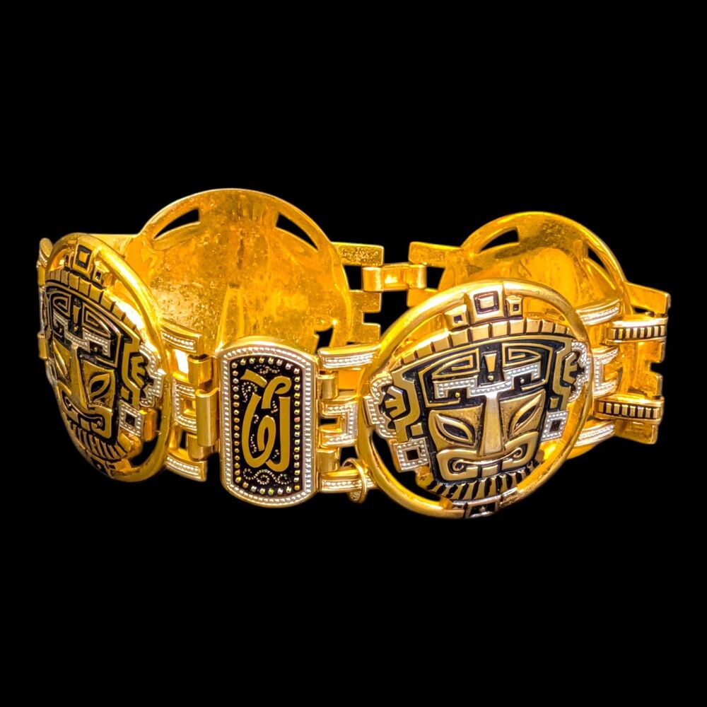 Vintage Gold Tribal Damascene Mask Bracelet 7"